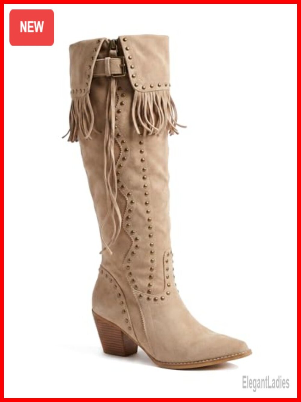Faux Suede Fringe Knee-High Western Cowboy Boots Studded Block Heel